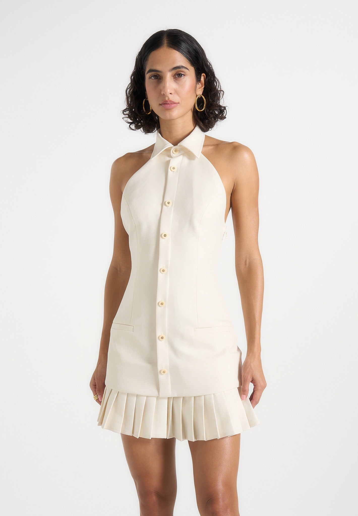 Jasmine - Halterneck Pleated Mini Dress - Cream