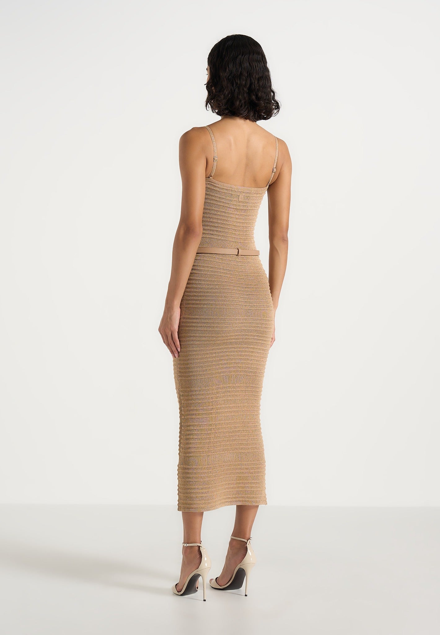 Danika - Metallic Rib Knit Belted Midi Dress - Gold
