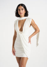 Mirena - Ruched Open Back Mini Dress With Scarf - White