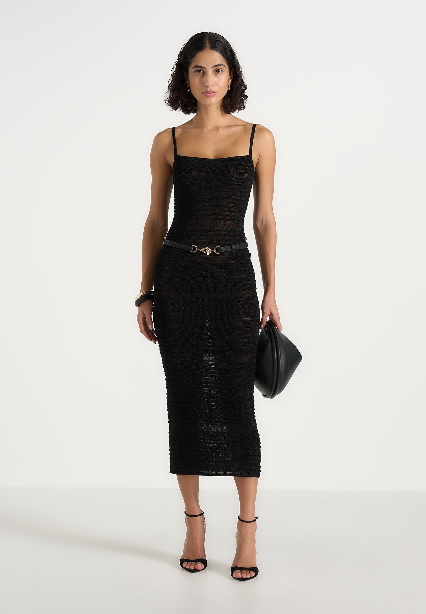 Danika - Metallic Rib Knit Belted Midi Dress - Black 