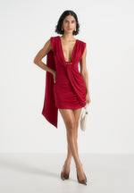 Mirena - Ruched Open Back Mini Dress With Scarf - Red
