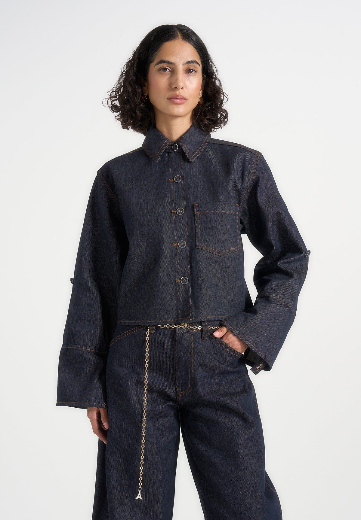 Maura - Boxy Cropped Roll-Sleeve Denim Shirt - Indigo
