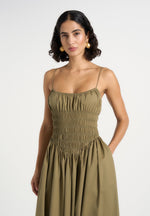 Elva - Smocked Waist Cotton Maxi Dress - Khaki