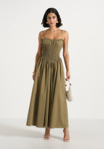 Elva - Smocked Waist Cotton Maxi Dress - Khaki