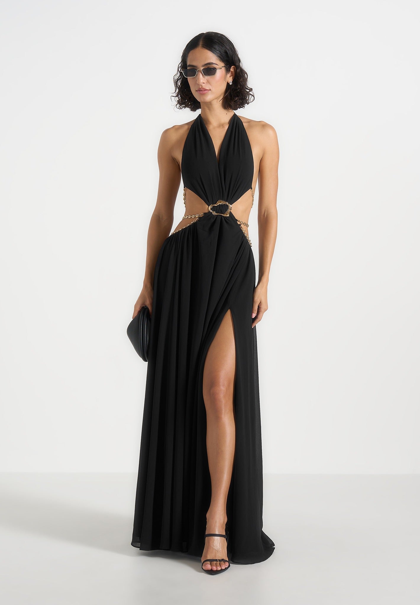 June - Chain Belt Cut-Out Georgette Halter Maxi Dress - Black 