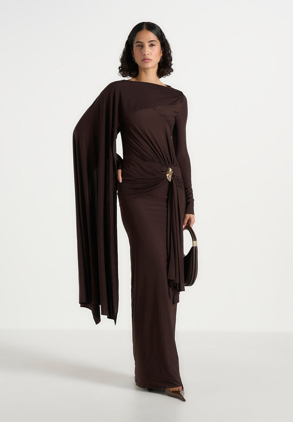 Edena - Asymmetric Ruched Draped Maxi Dress - Brown