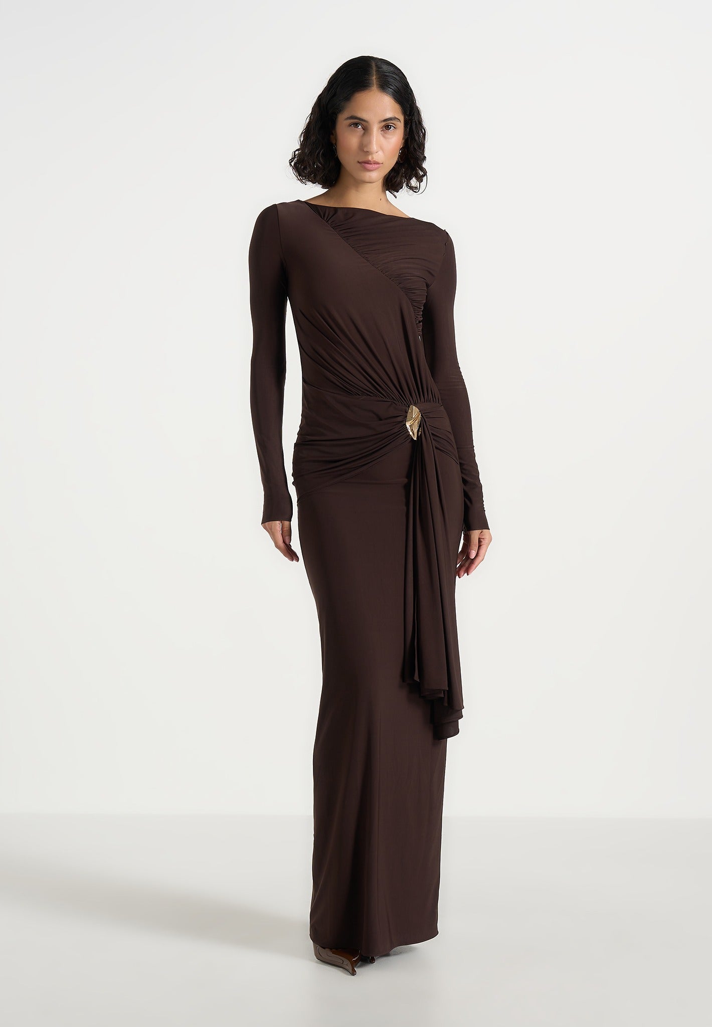 edena-asymmetric-ruched-draped-maxi-dress-brown 