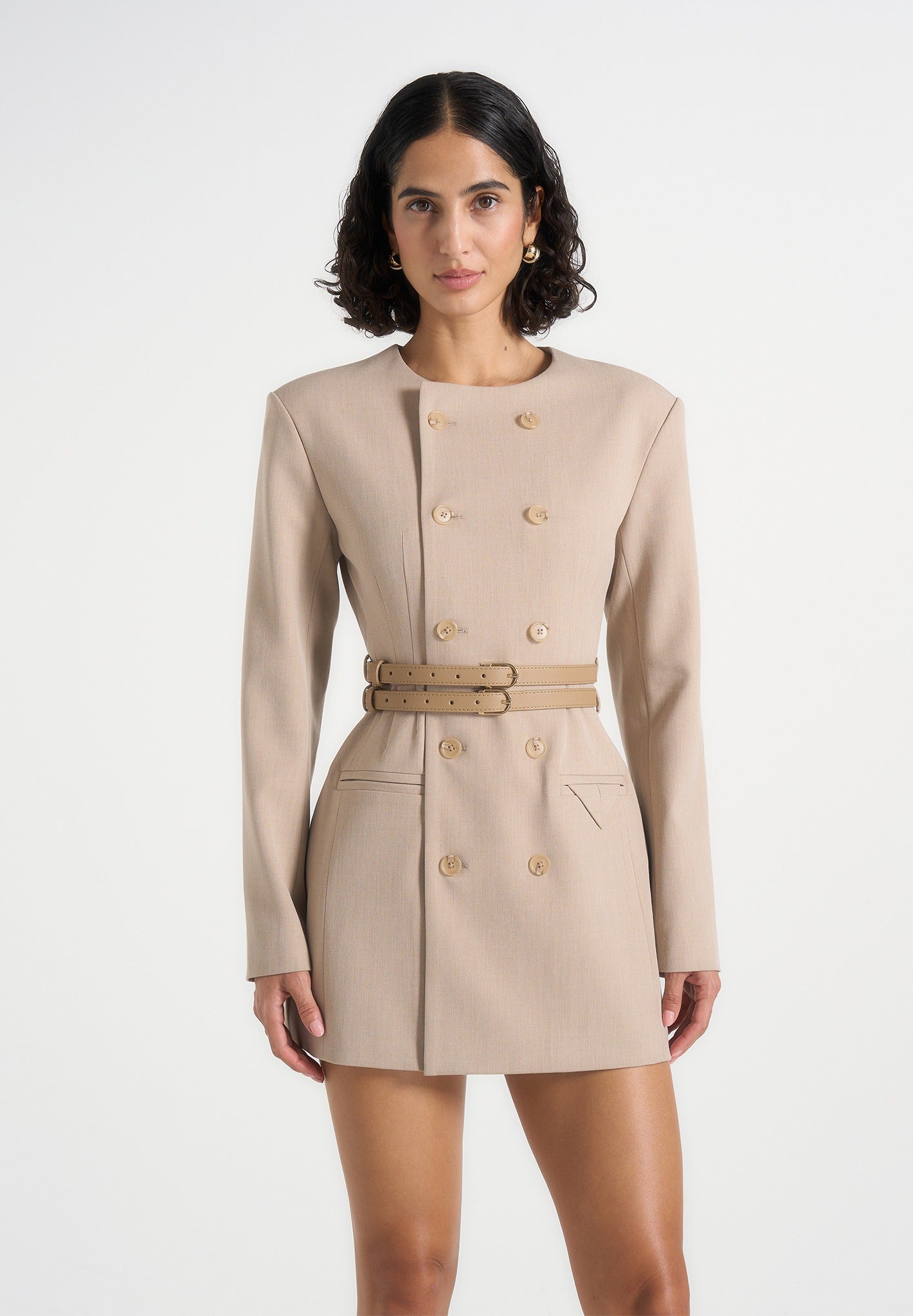 Sierra - Double Breasted Belted Blazer Dress - Taupe 