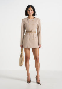 Sierra - Double Breasted Belted Blazer Dress - Taupe
