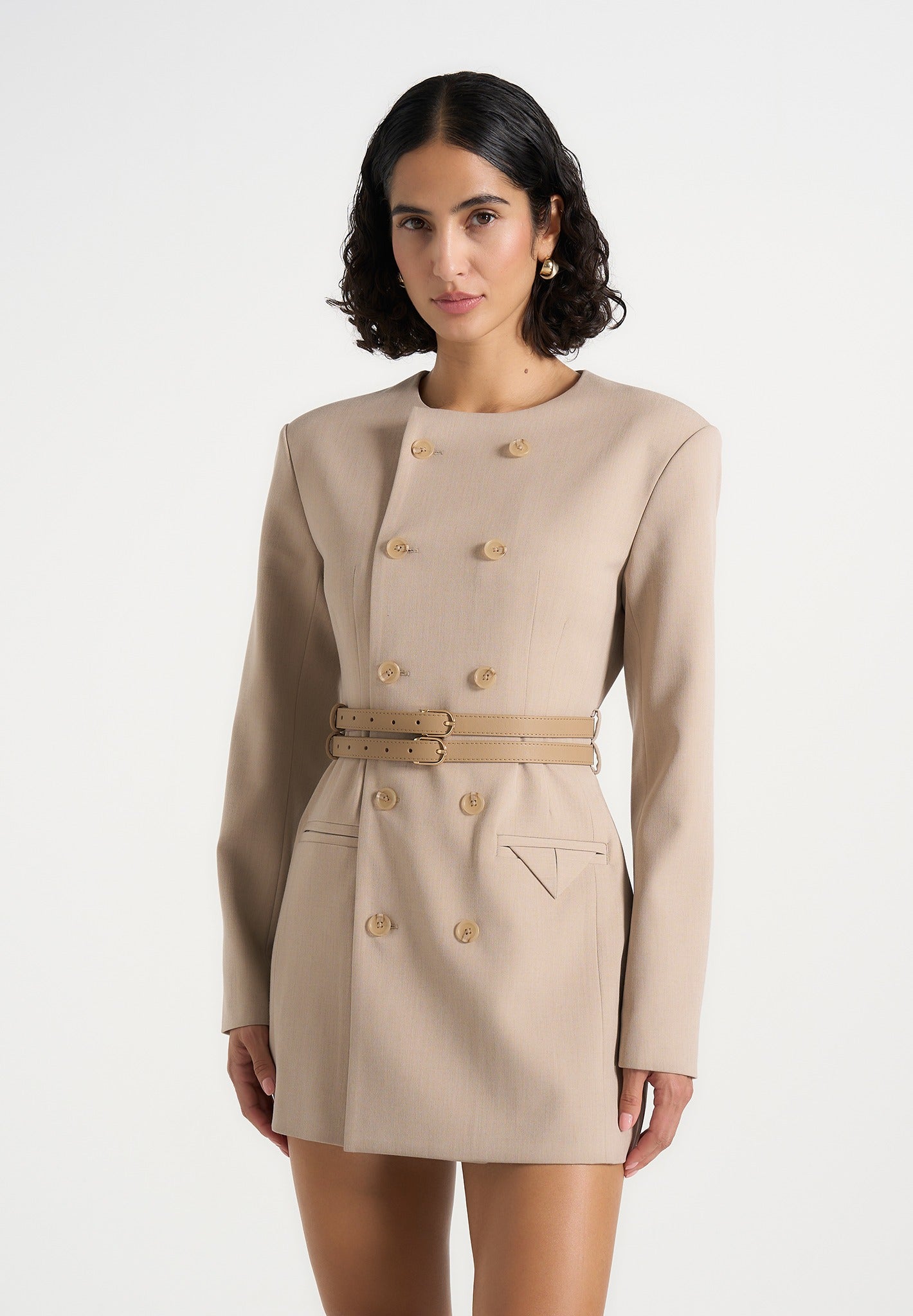 Sierra - Double Breasted Belted Blazer Dress - Taupe 