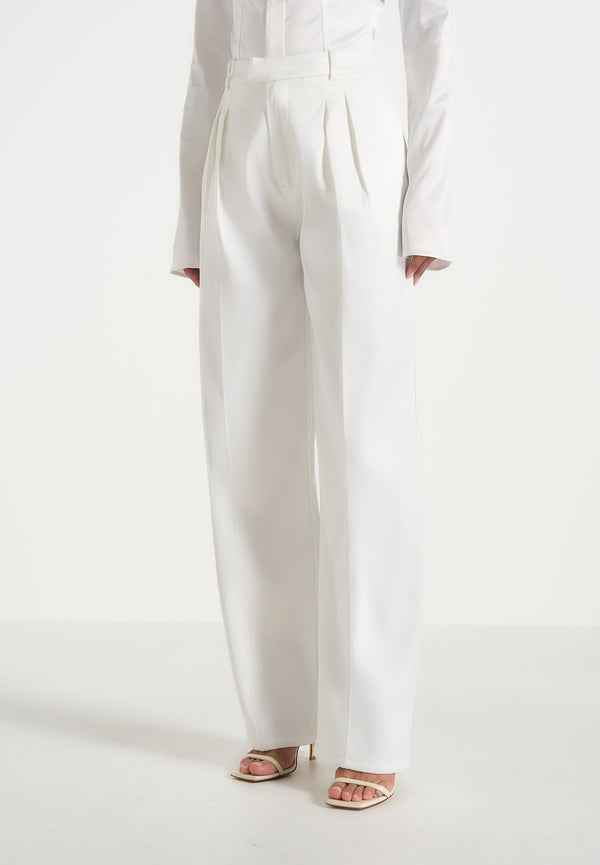 Julie - Satin Twin Pleat Pants - White