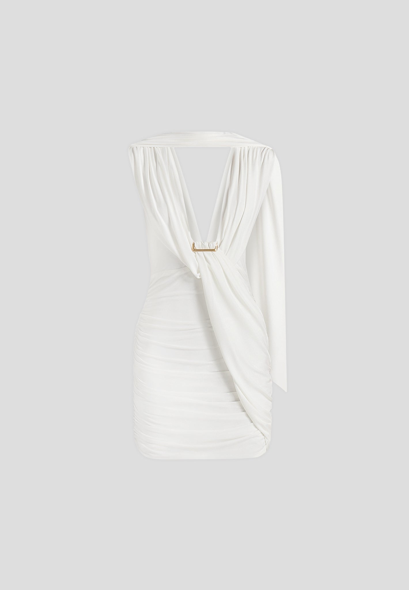 Mirena - Ruched Open Back Mini Dress With Scarf - White