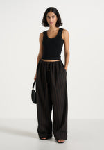 Ivanna - Elasticated Wide Leg Striped Cotton Pants - Black/Brown