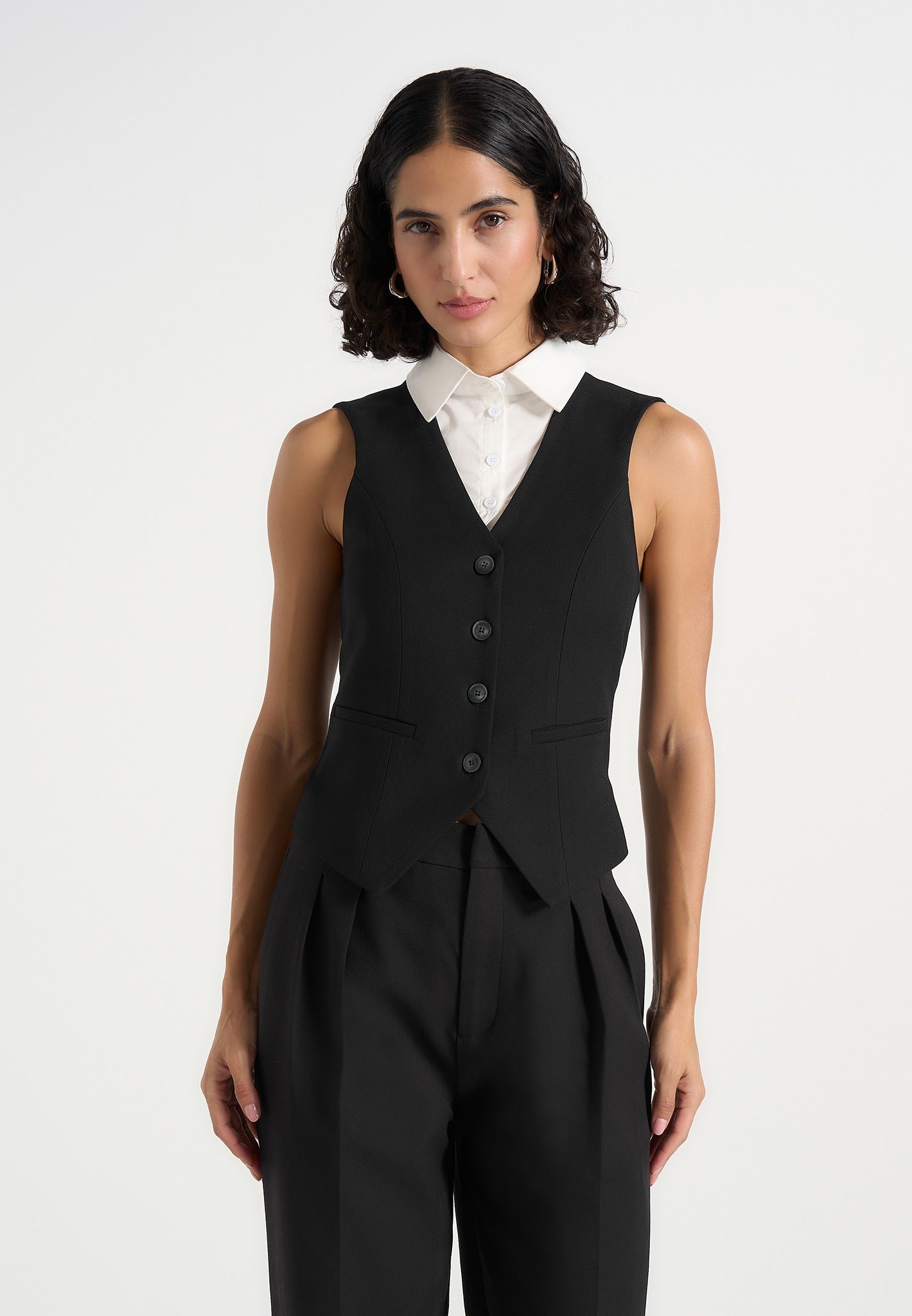 Irene - Collar Detail Cinched Waistcoat - Black/White 