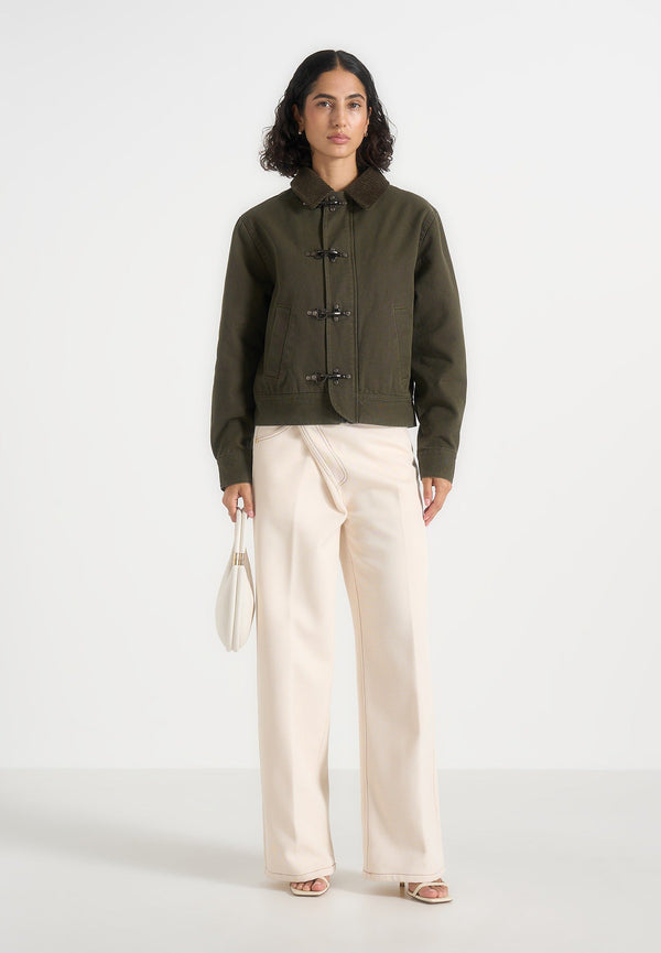 Nino - Clasp Detail Contrast Stitch Gabardine Jacket - Olive
