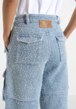 Anne - Denim High Waisted Boucle Cargo Pants - Mid Blue