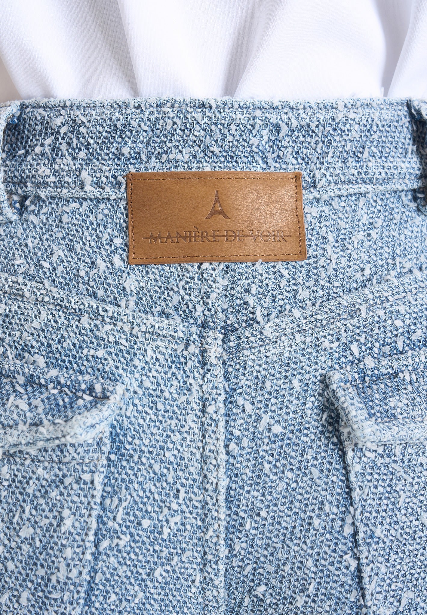 Anne - Denim High Waisted Boucle Cargo Pants - Mid Blue