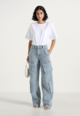 Anne - High Waisted Boucle Denim Cargo Pants - Mid Blue
