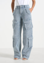 Anne - Denim High Waisted Boucle Cargo Pants - Mid Blue