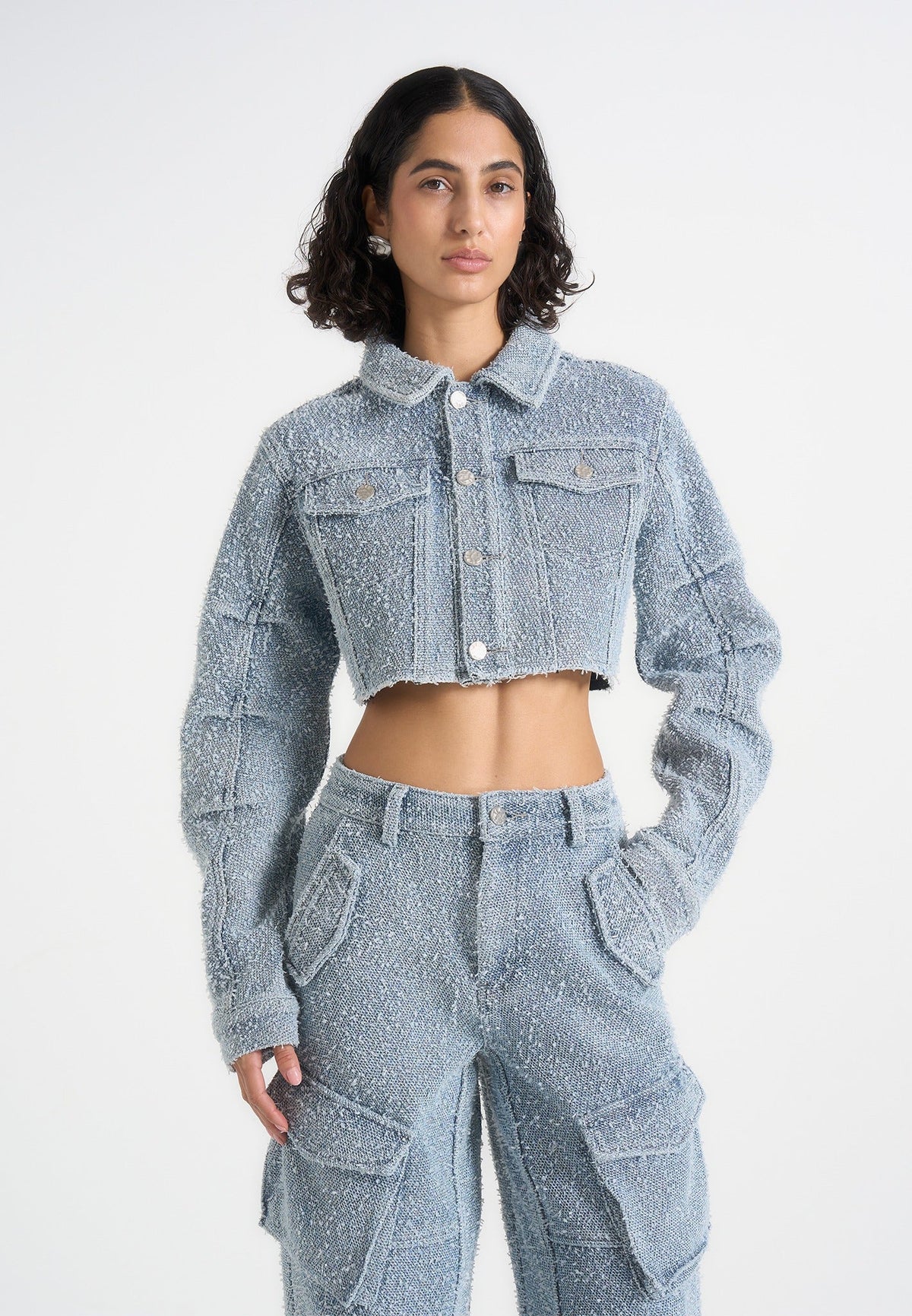 Catherine - Denim Cropped Boucle Jacket - Mid Blue