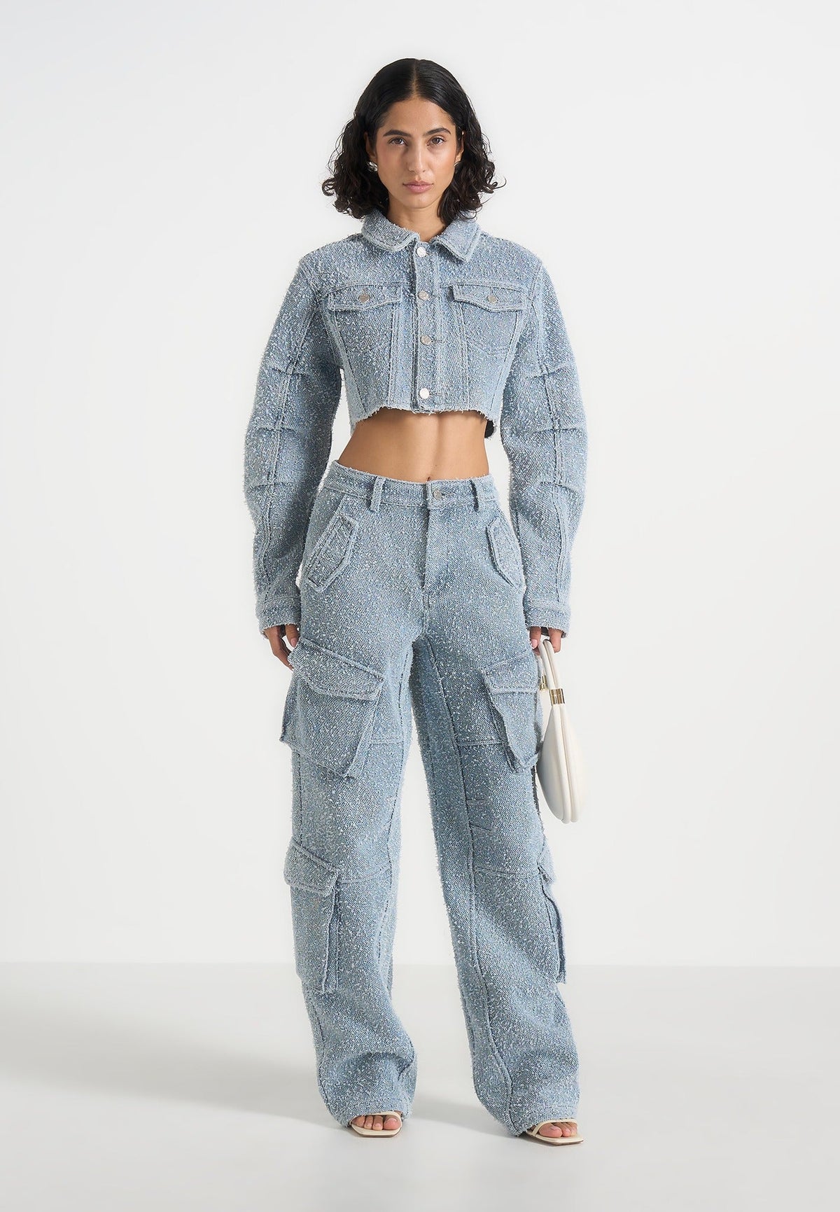 Catherine - Denim Cropped Boucle Jacket - Mid Blue
