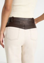 Renee - Denim & Leather Straight Leg Jeans - Cream/Brown