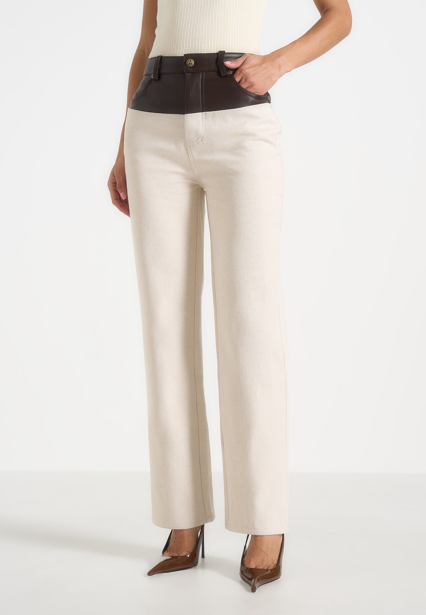 Renee - Denim & Leather Straight Leg Jeans - Cream/Brown