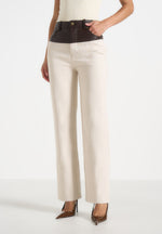 Renee - Denim & Leather Straight Leg Jeans - Cream/Brown