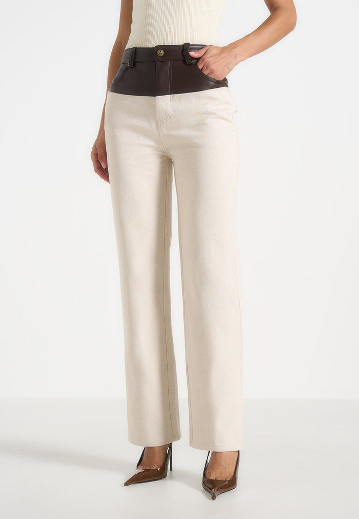 Renee - Denim & Leather Straight Leg Jeans - Cream/Brown