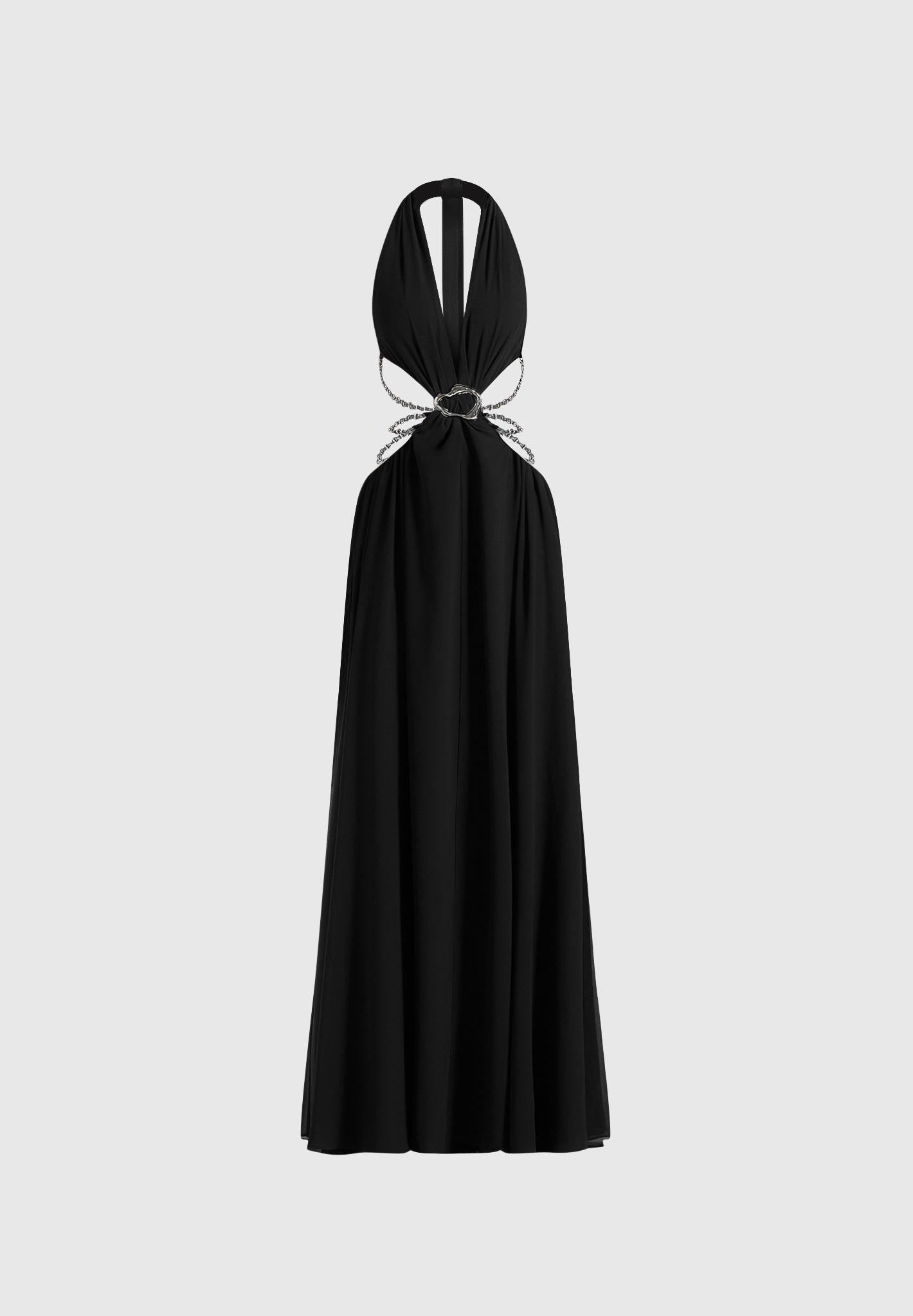 June - Chain Belt Cut-Out Georgette Halter Maxi Dress - Black