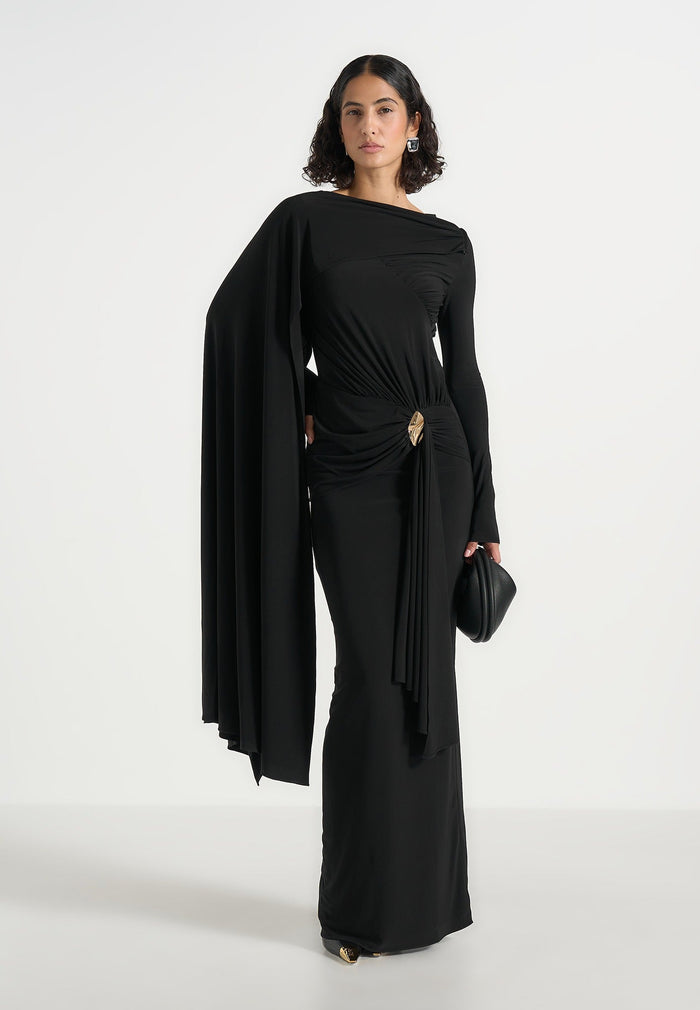 Edena - Asym Ruched Draped Maxi Dress - Black