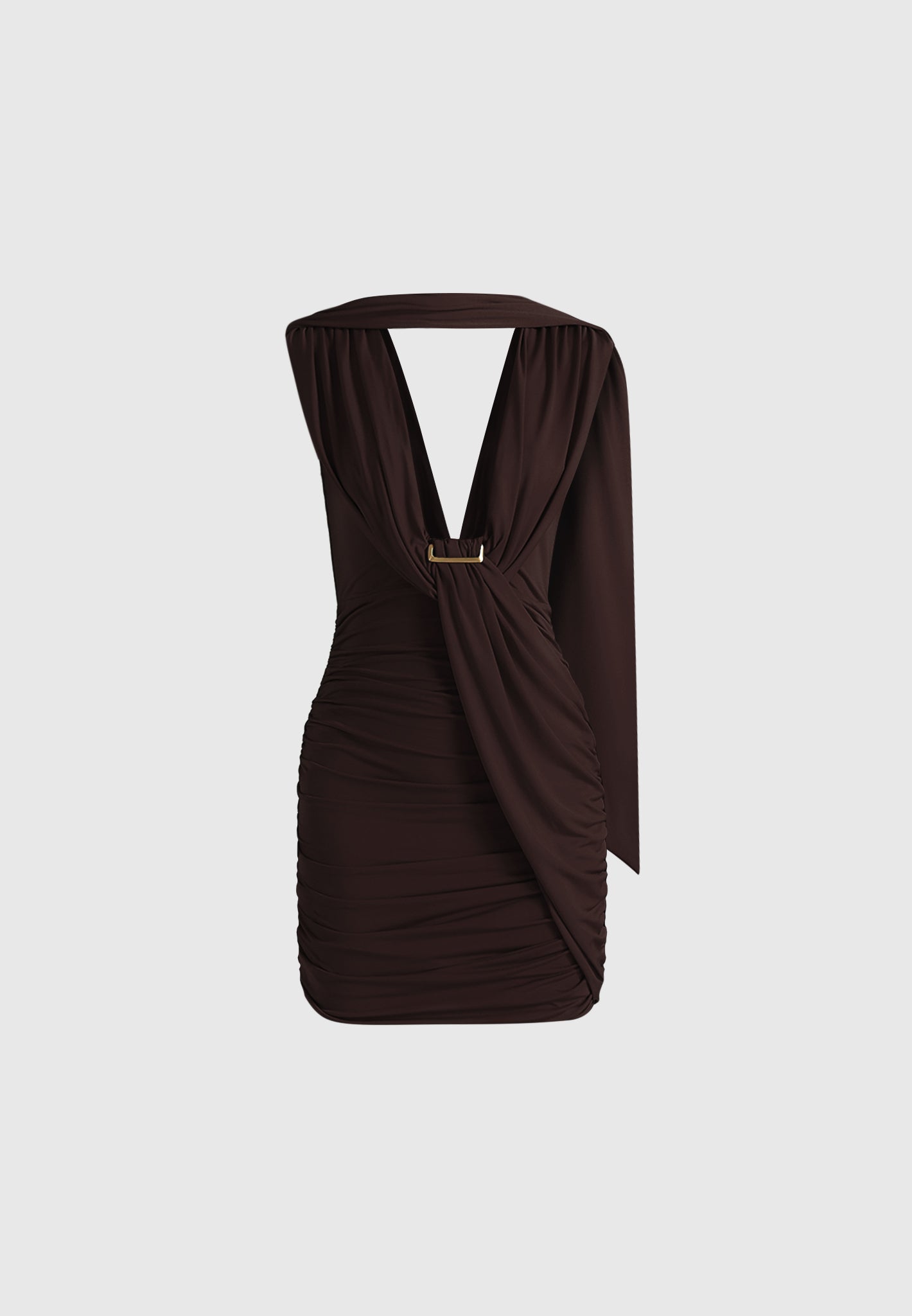 mirena-ruched-open-back-mini-dress-with-scarf-brown