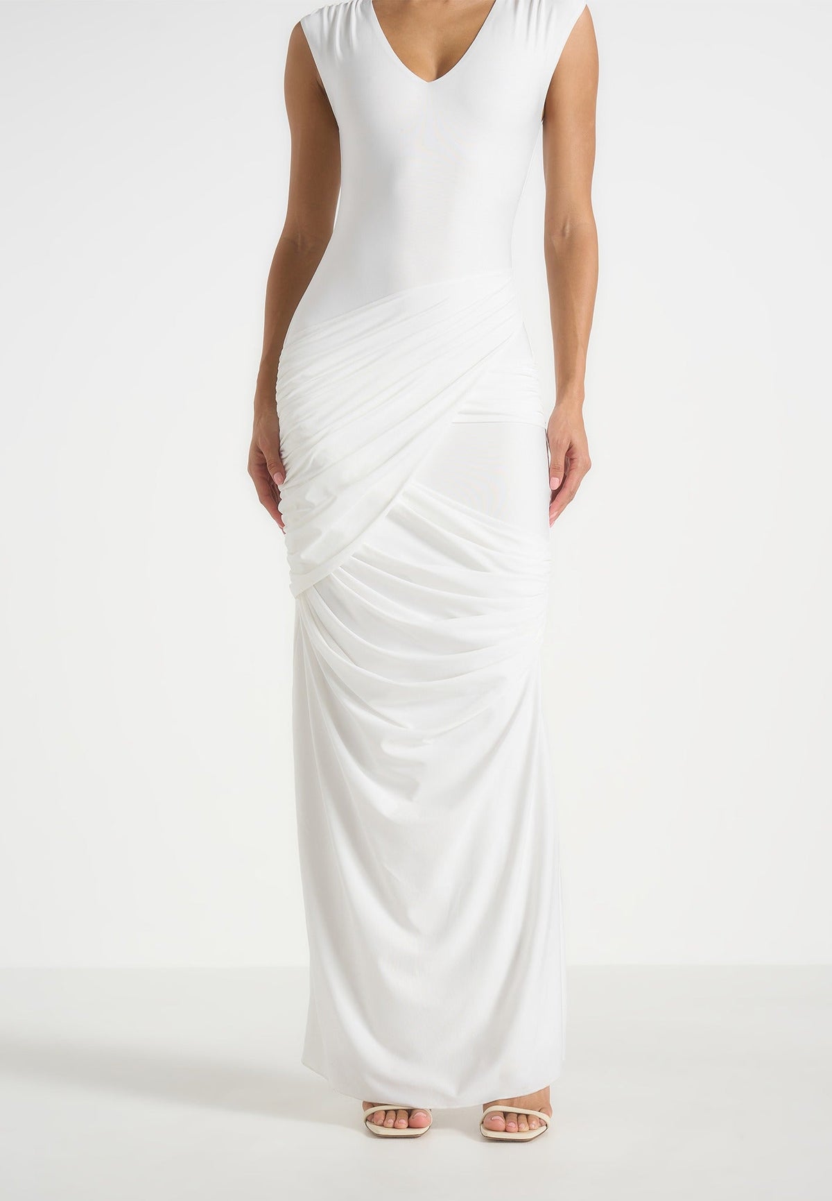 Bridget - V Neck Asym Ruched Maxi Dress - White