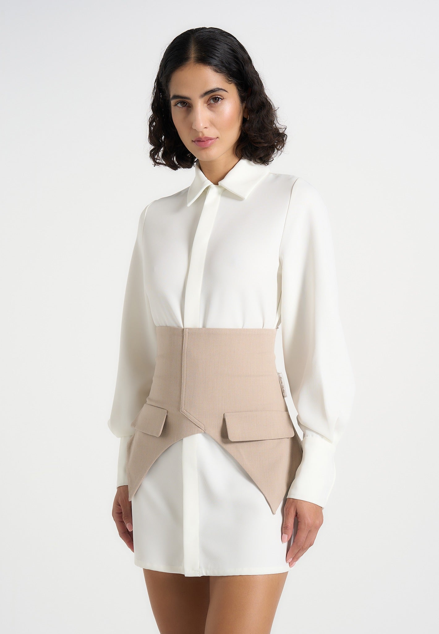 Keira - Corset Overlay Shirt Mini Dress - White/Taupe 