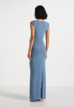 Bridget - V Neck Asym Ruched Maxi Dress - Blue