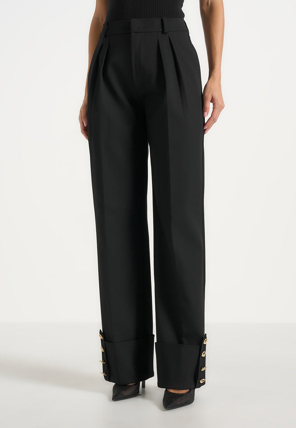 Darlene - Turn Up Detail Tailored Twin Pleat Trousers - Black