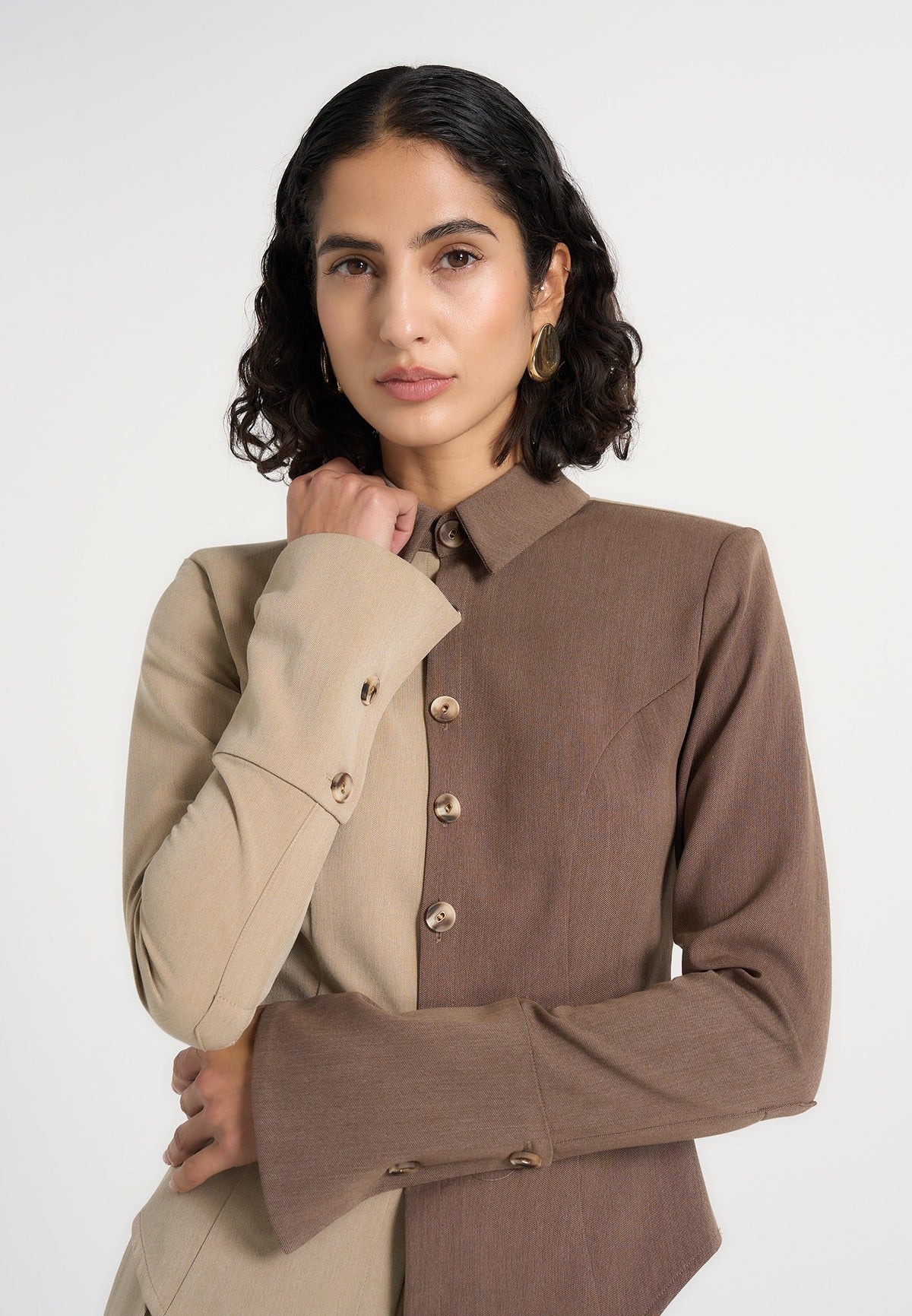 Sonia - Two Tone Tailored Shirt - Taupe/Brown