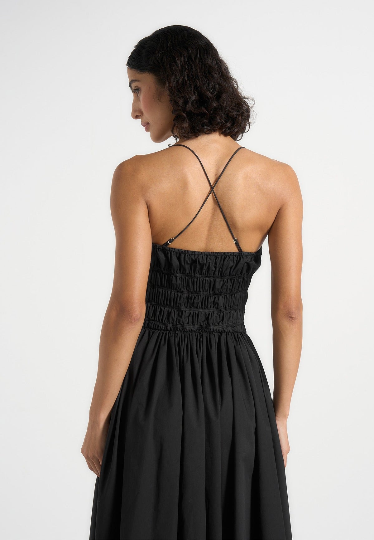 Elva - Smocked Waist Cotton Maxi Dress - Black