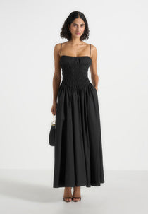 Elva - Smocked Waist Cotton Maxi Dress - Black