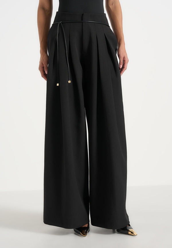 Flora - Box Pleat Wide Leg Belted Trousers - Black