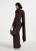 Edena - Asymmetric Ruched Draped Maxi Dress - Brown