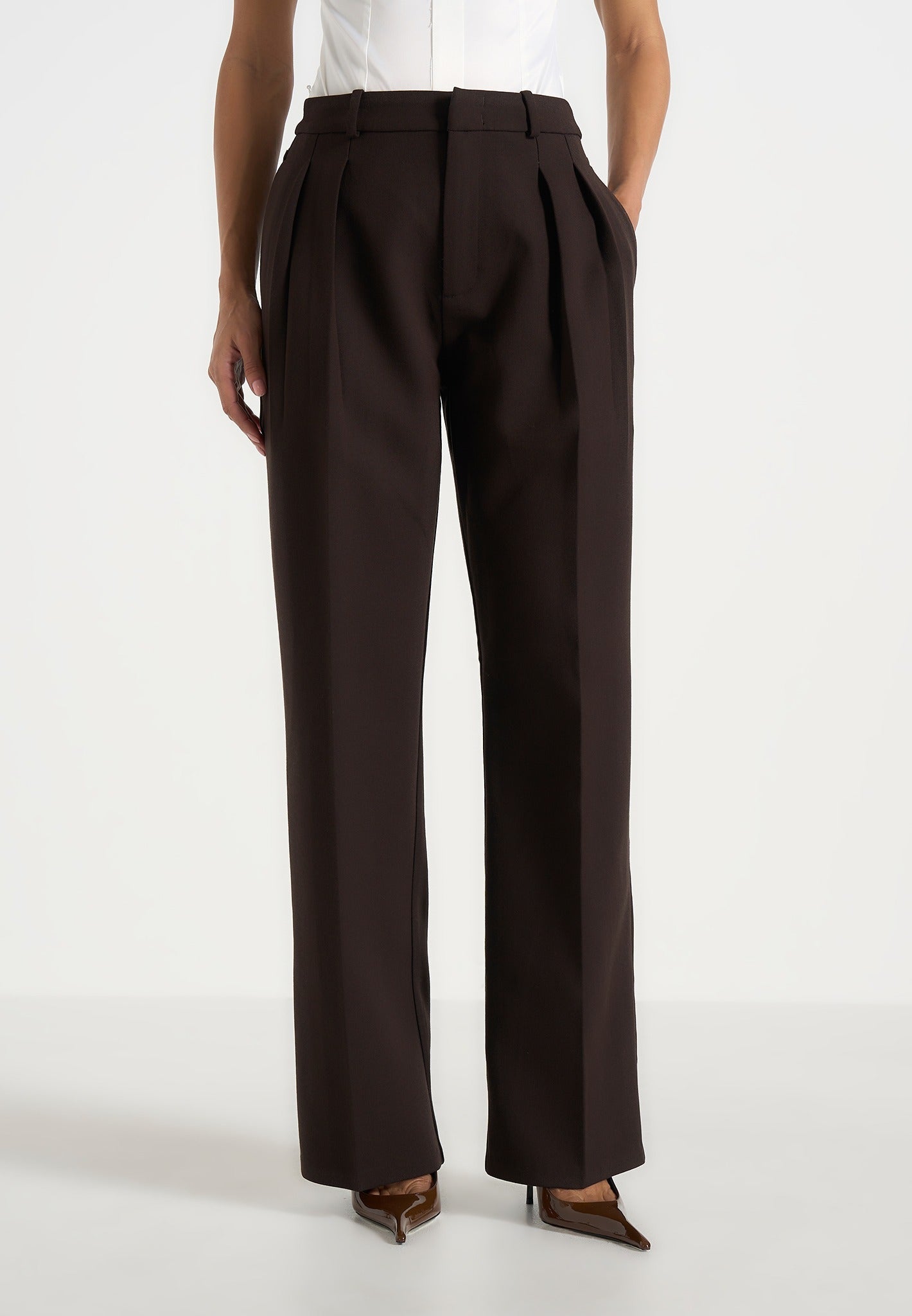 Julie - Tailored Twin Pleat Trousers - Dark Brown 
