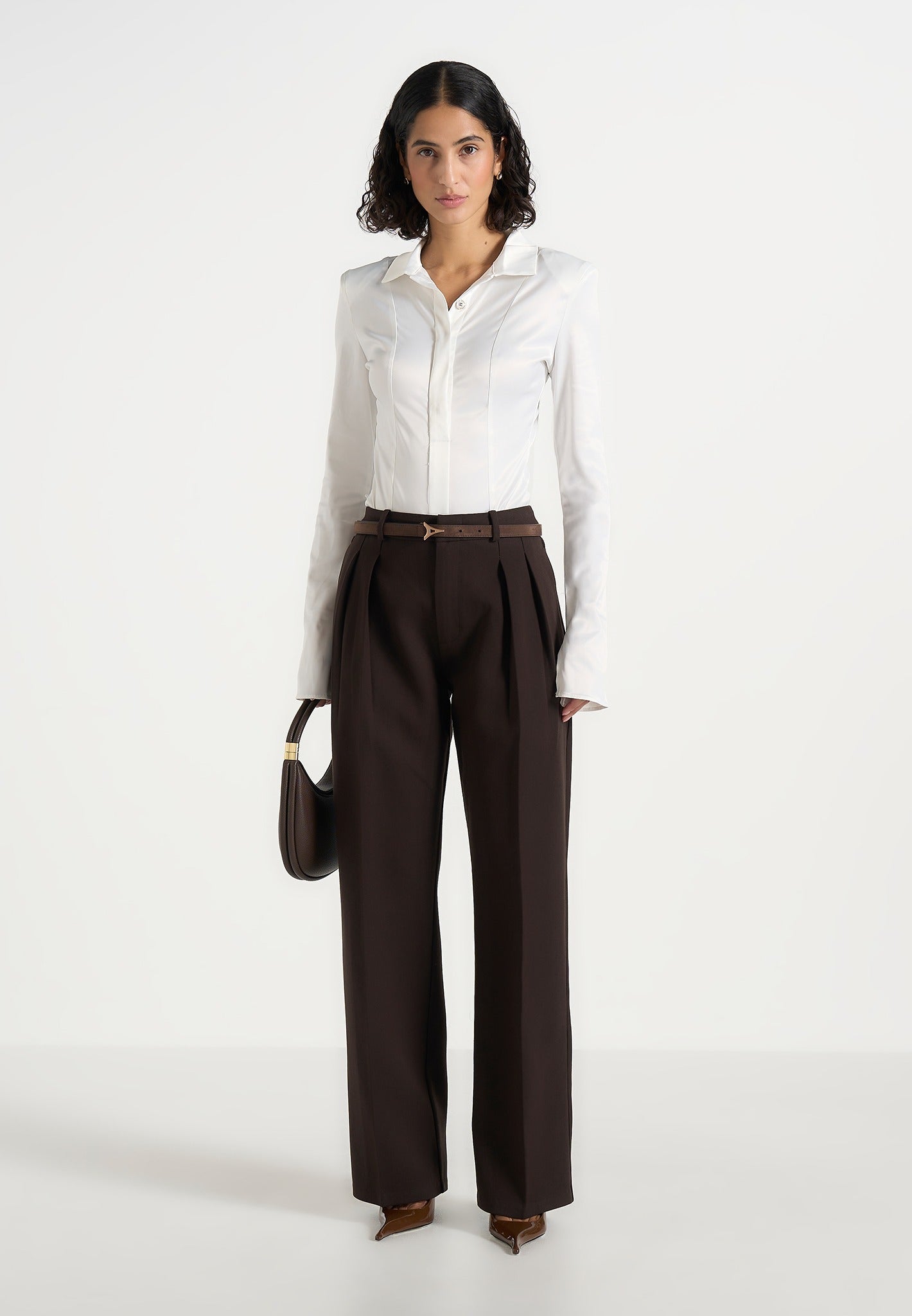 Julie - Tailored Twin Pleat Trousers - Dark Brown 