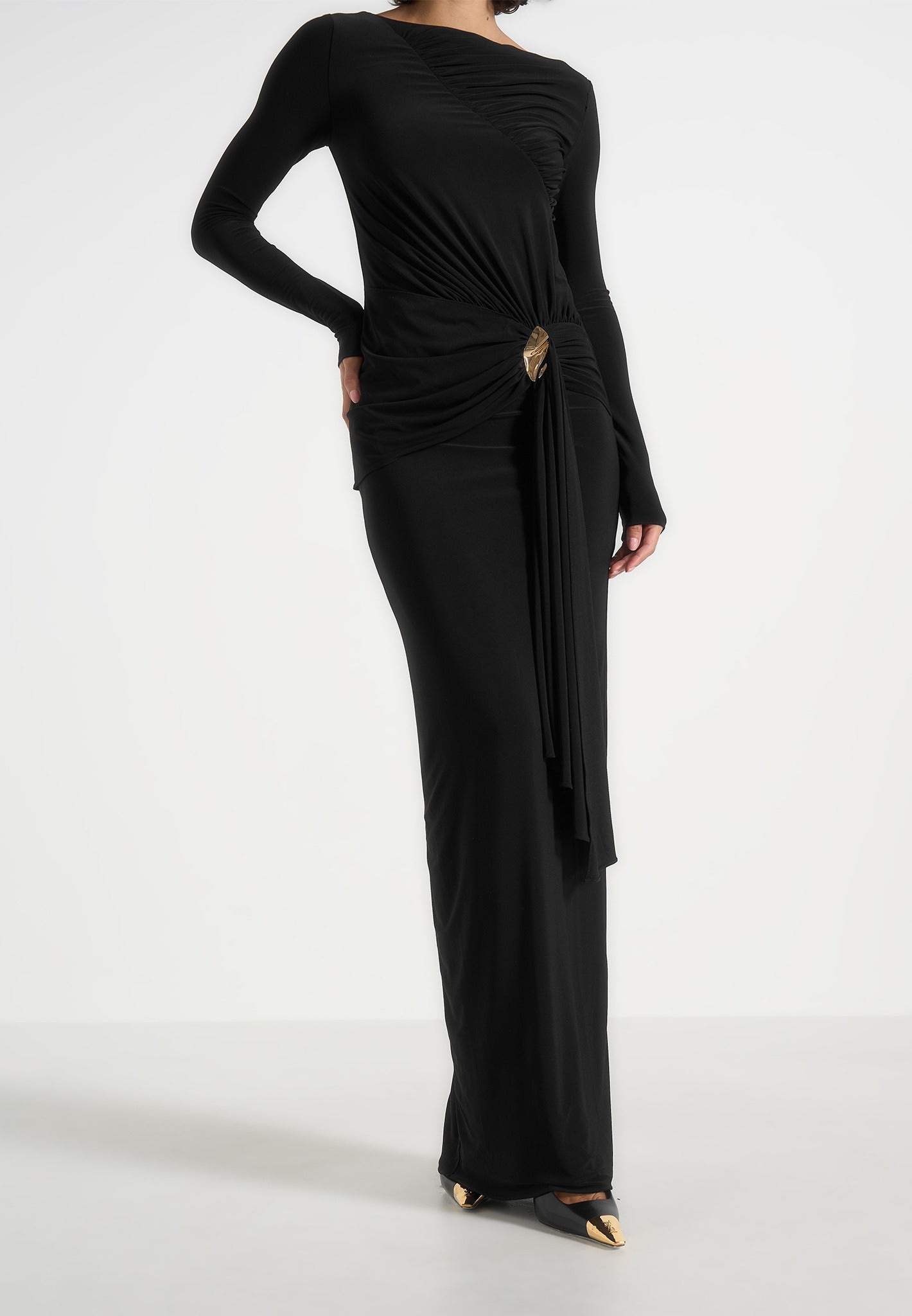 Edena - Asym Ruched Draped Maxi Dress - Black