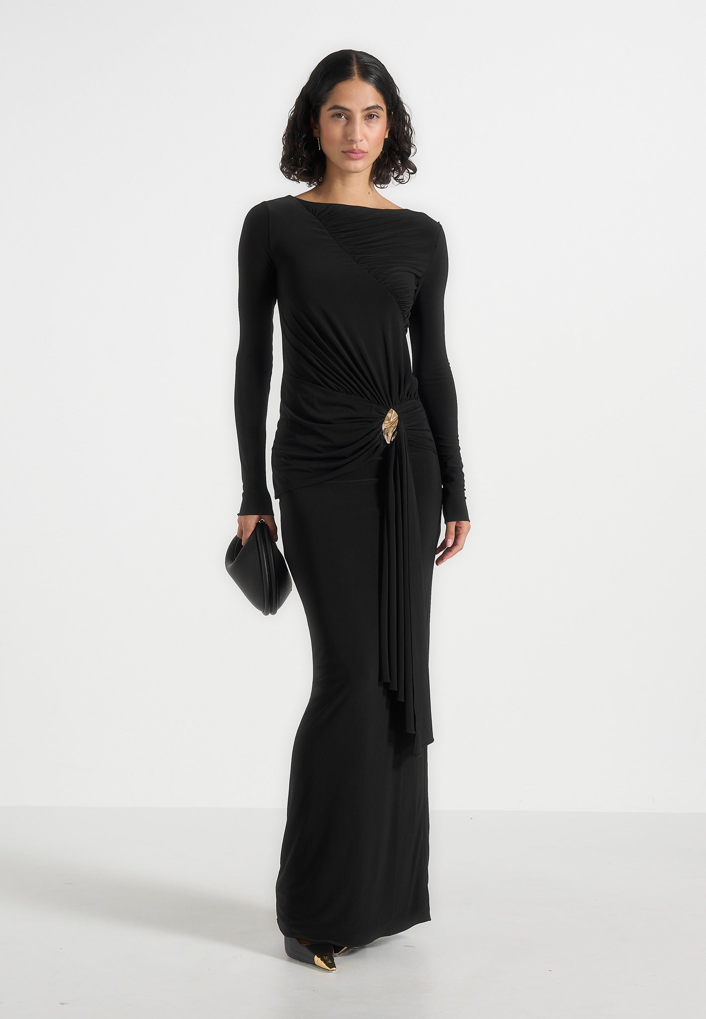 edena-asym-ruched-draped-maxi-dress-black 