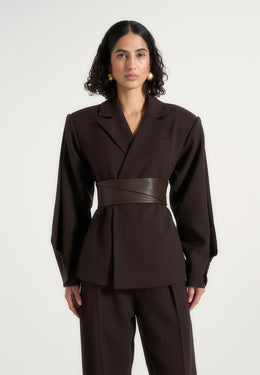 marie-twist-sleeve-tailored-blazer-with-belt-brown