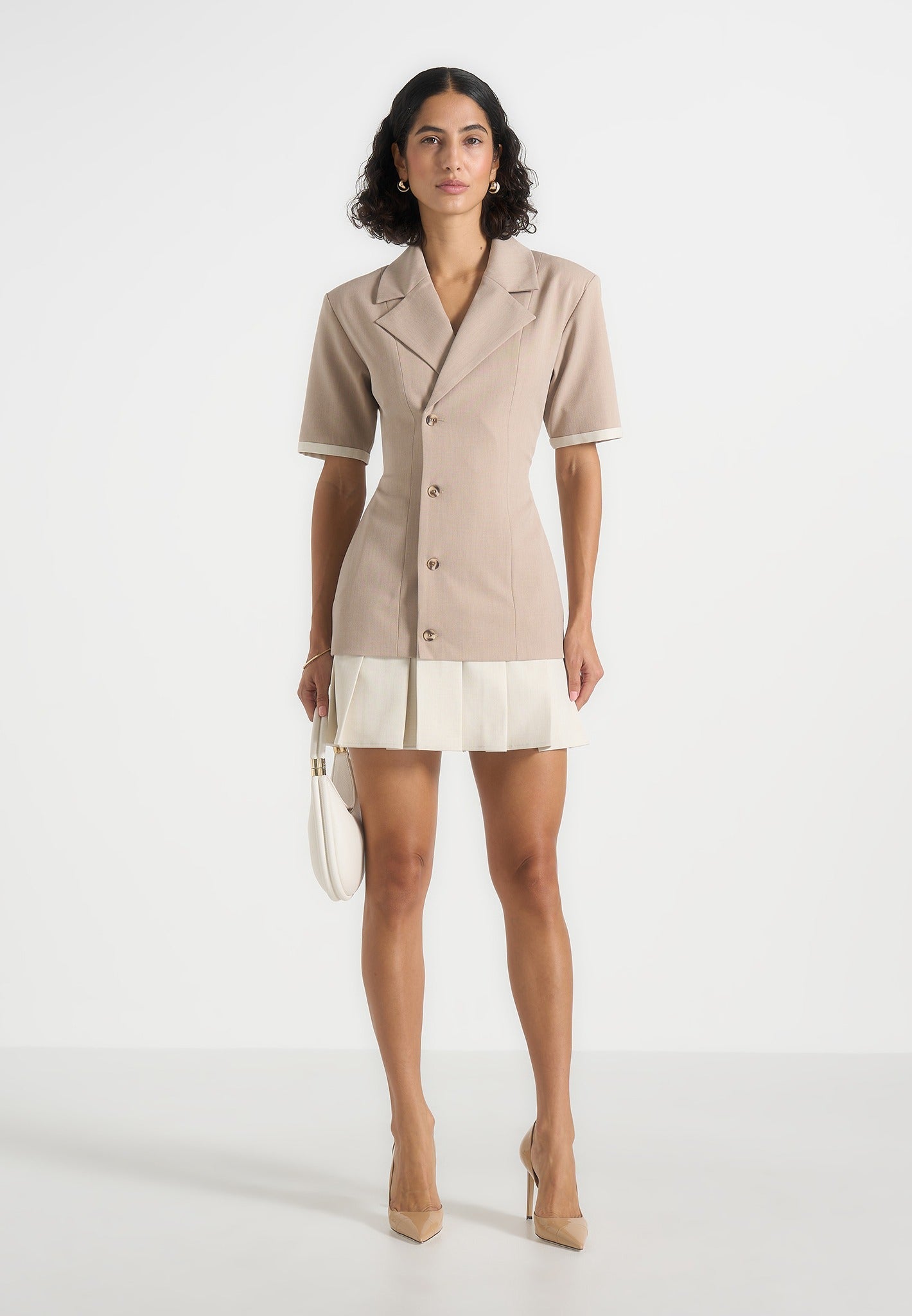 Baya - Tailored Cinch Waist Pleated Blazer Dress - Beige 