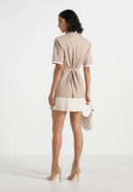 Baya - Tailored Cinch Waist Pleated Blazer Dress - Beige