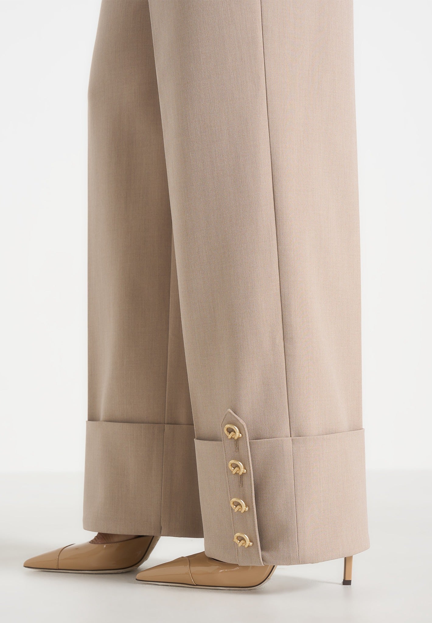 Darlene - Turn Up Detail Tailored Twin Pleat Pants - Beige