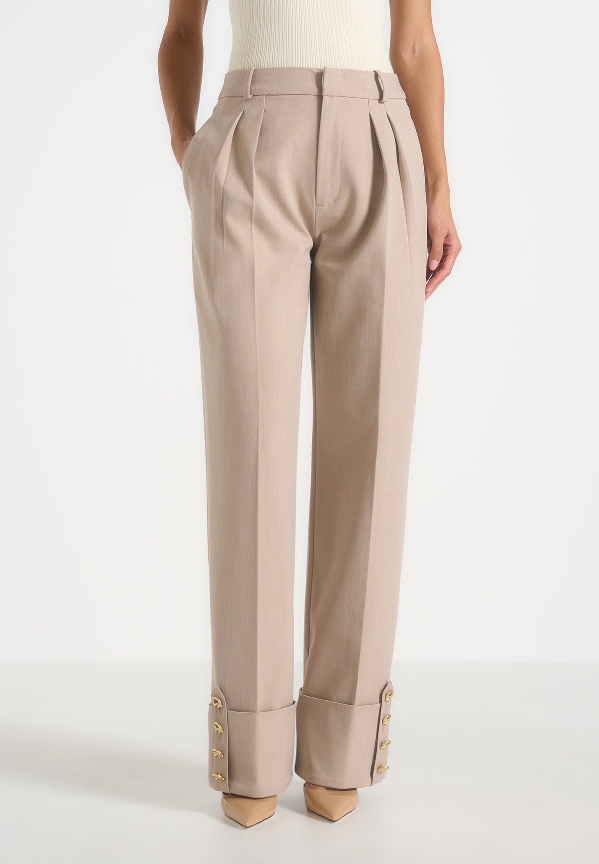 Darlene - Turn Up Detail Tailored Twin Pleat Pants - Beige